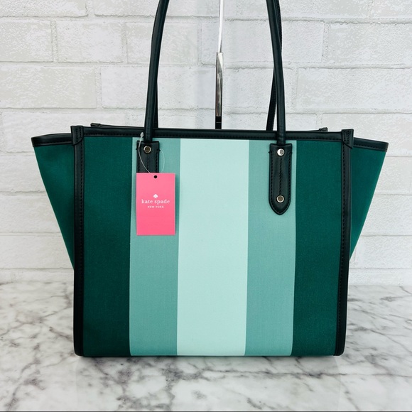 ❗️Sold❗️Kate Spade Plaid Green Stripe Ella Tote - Picture 4 of 9
